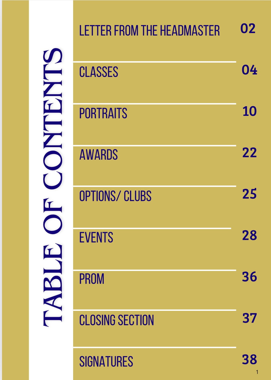 Exemple de la Table of Contents d'un Yearbook en anglais : sommaire organisé par sections (Portraits, Awards, Clubs) avec un design clair et aéré.