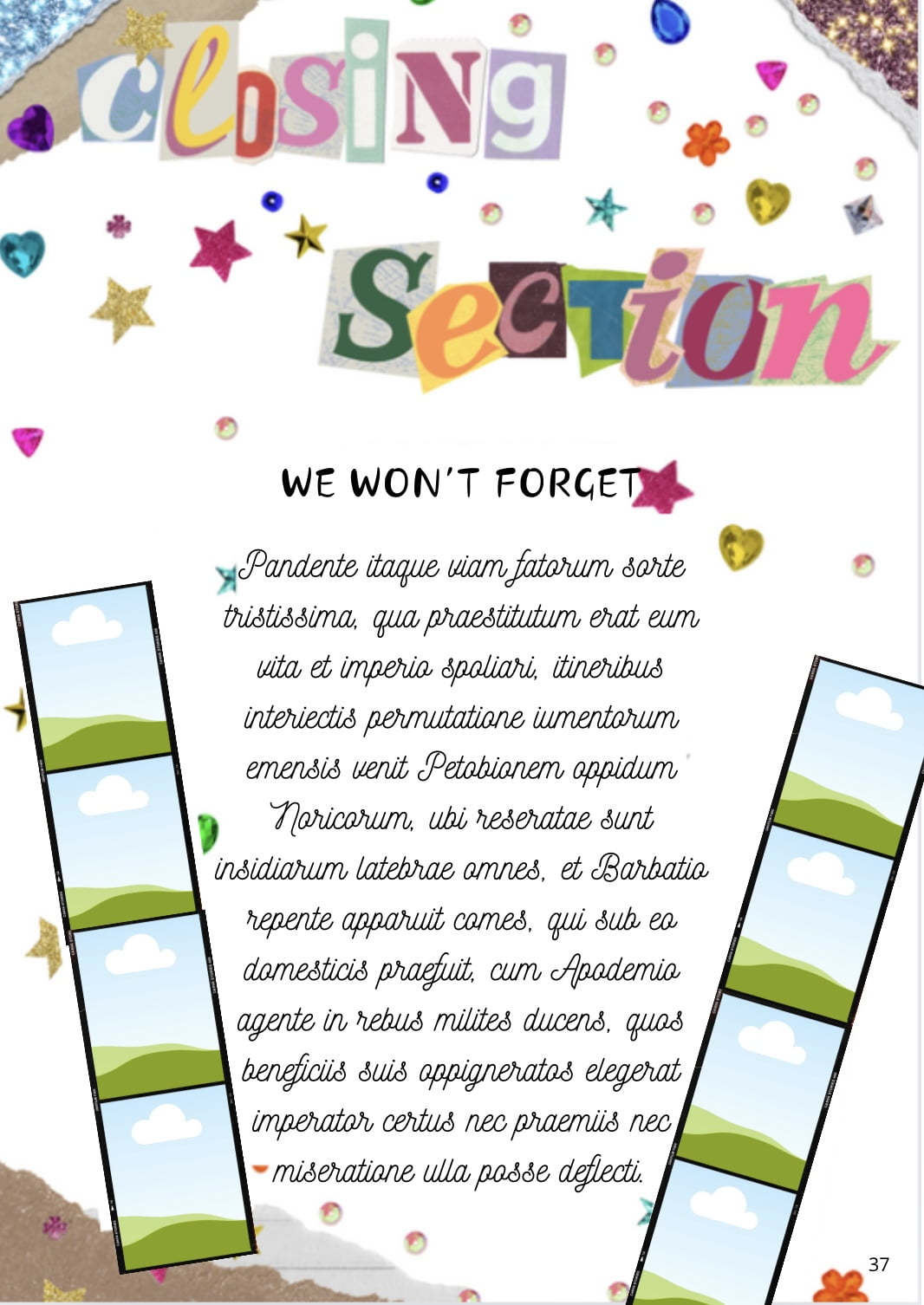 Exemple de la section de clôture (closing section) d'un Yearbook en anglais : mise en page aérée pour messages d'adieu et souvenirs de fin d'année.