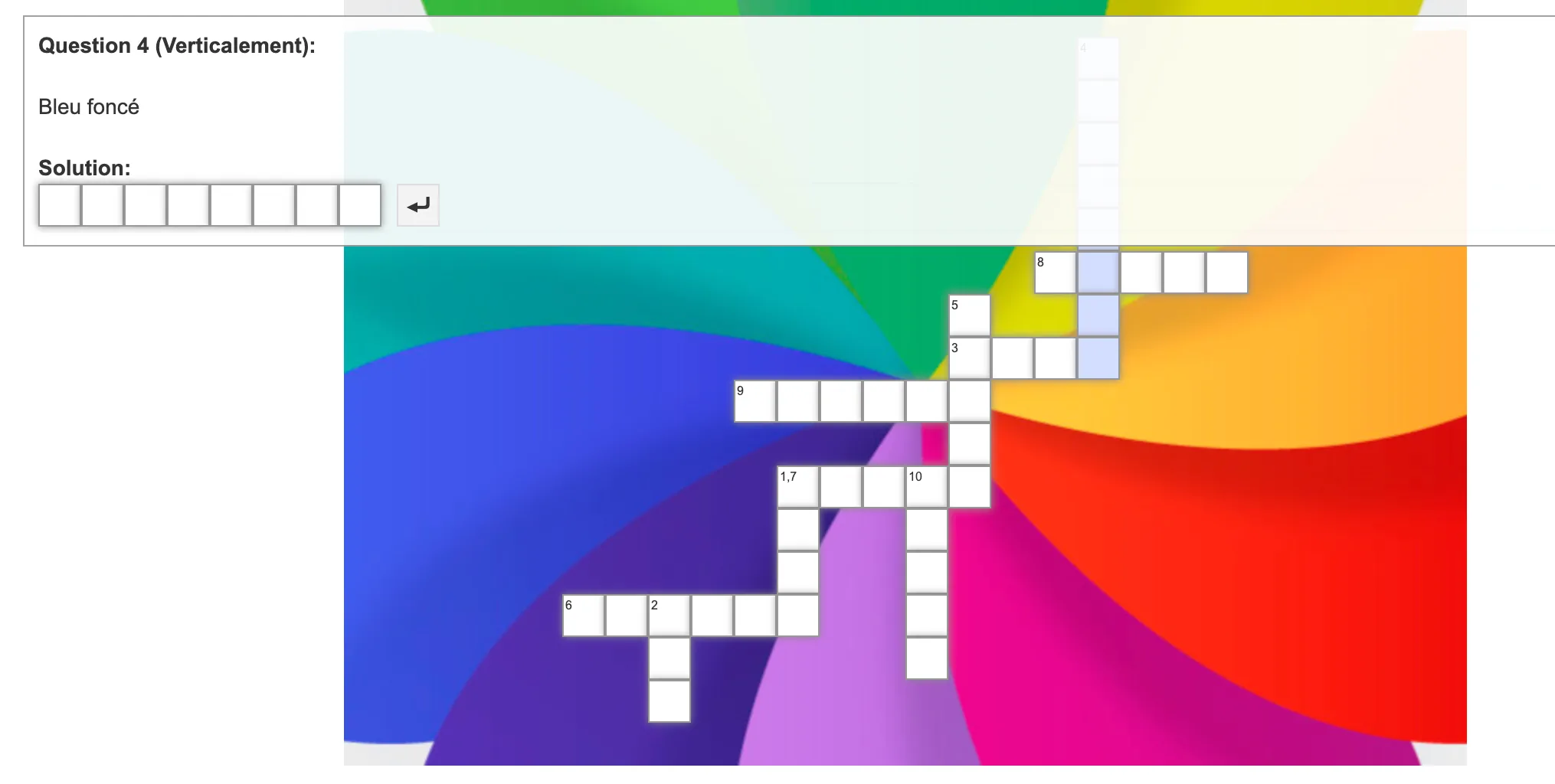Capture d'écran d'un jeu de mots croisés interactif en anglais sur le thème des couleurs (colors/colours), interface claire et accessible.