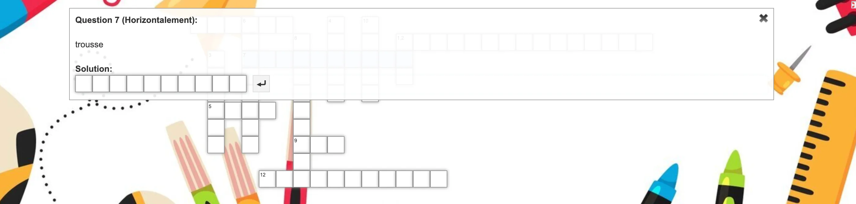 Capture d'écran d'un exercice de mots croisés en ligne sur les fournitures scolaires en anglais : révision interactive du vocabulaire (pencil, eraser, ruler).