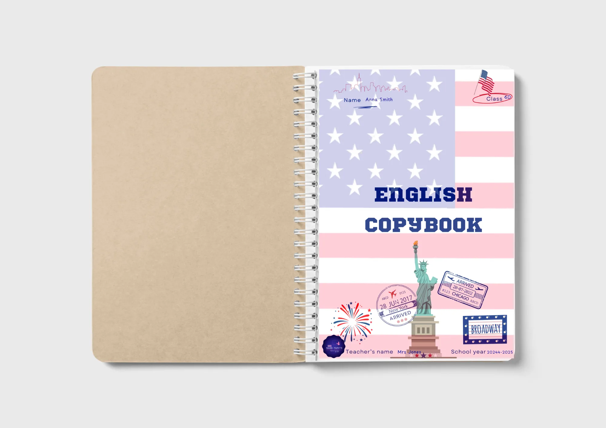 Exemple de page de garde sur New York en anglais : illustrations de la Statue de la Liberté et de l'Empire State Building, adaptée aux élèves DYS.