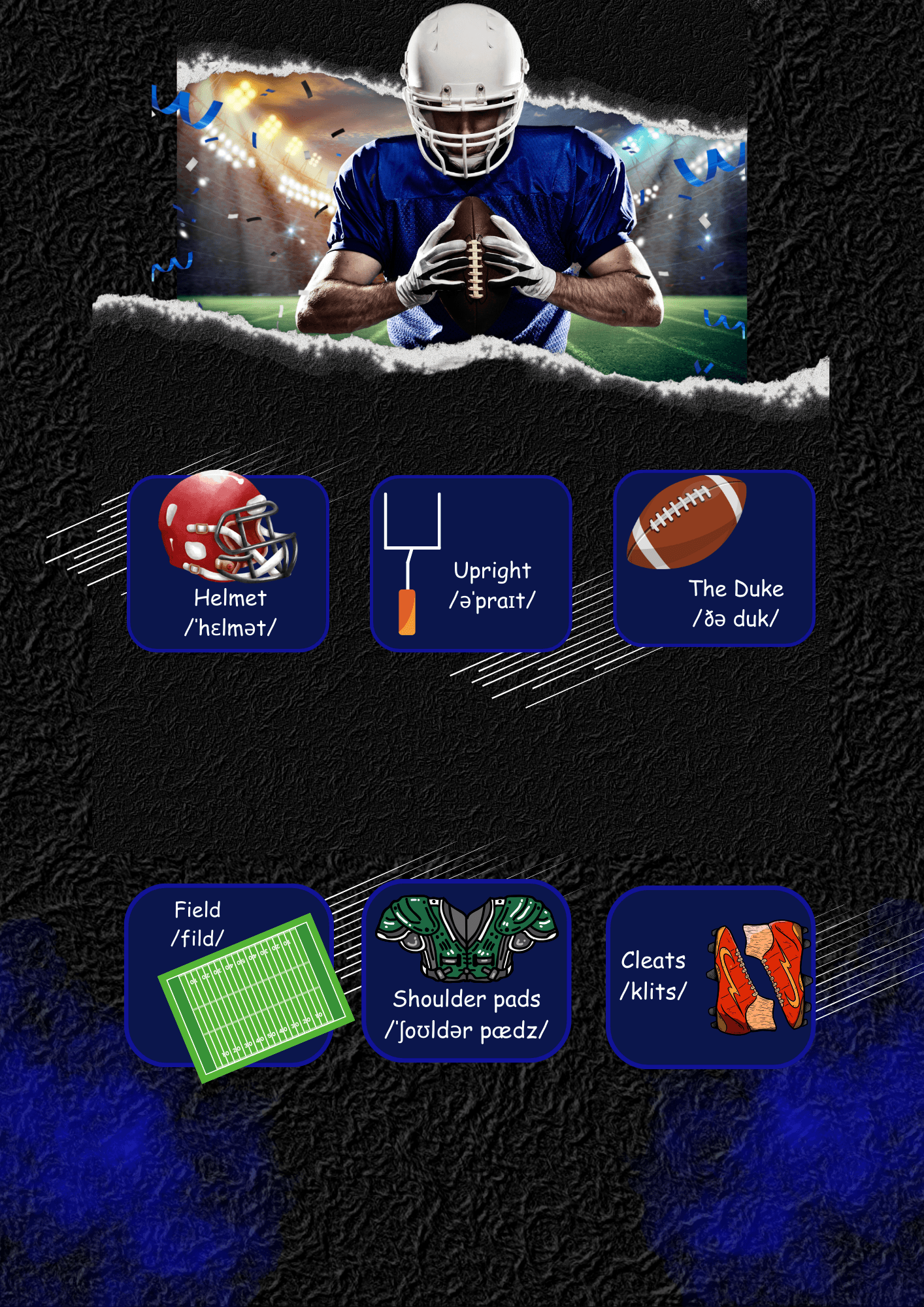 Fiche de vocabulaire illustrée sur le football américain en anglais : termes techniques (quarterback, touchdown, helmet) simplifiés pour les élèves DYS.