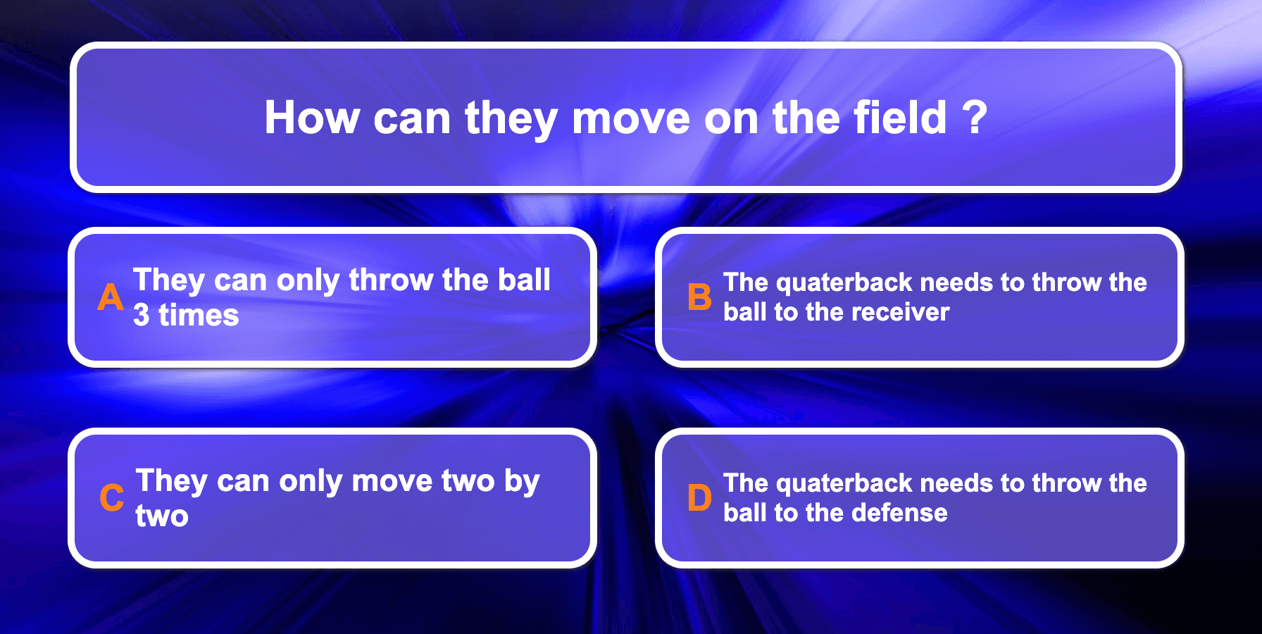 Aperçu du jeu de quiz type "Question pour un champion" sur le football américain : cartes de questions et défis culturels pour la classe d'anglais.