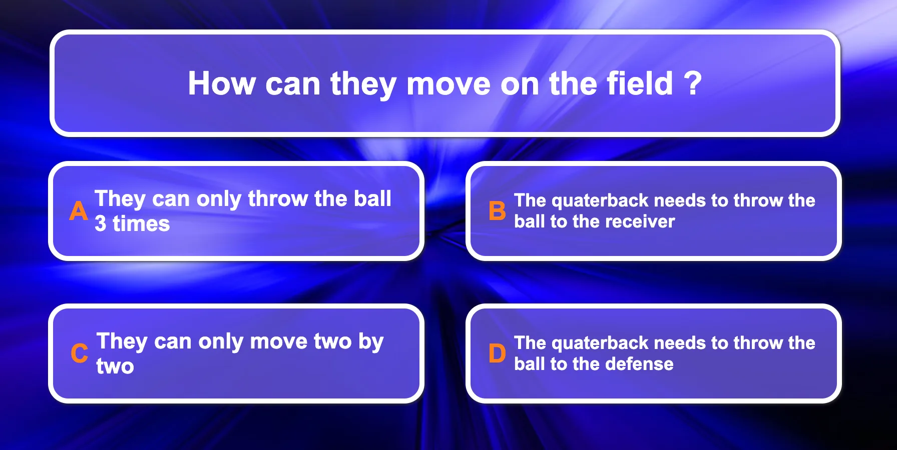 Aperçu du jeu de quiz type "Question pour un champion" sur le football américain : cartes de questions et défis culturels pour la classe d'anglais.