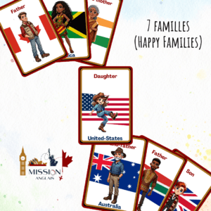 Jeu de 7 familles en anglais pour pratiquer l'expression orale : cartes illustrées avec aide à la formulation de questions, adapté aux élèves DYS.