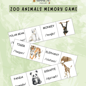 Jeu de memory en anglais sur les animaux du zoo : cartes illustrées avec écriture simplifiée et police adaptée pour élèves DYS.
