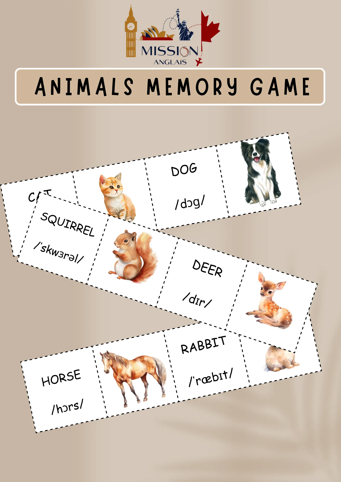 Jeu de memory en anglais sur les animaux domestiques et familiers : fiches illustrées et vocabulaire de base, adapté aux élèves DYS.