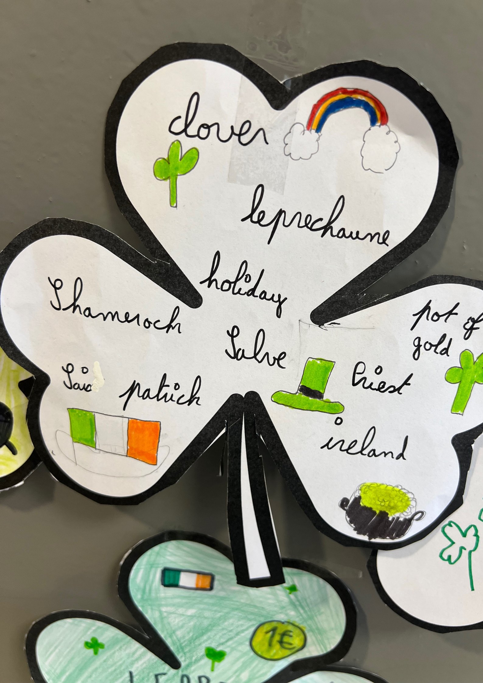 4 Réalisation d'élèves en classe : trèfles personnalisés en anglais pour la Saint-Patrick, activité créative et pédagogique adaptée DYS.